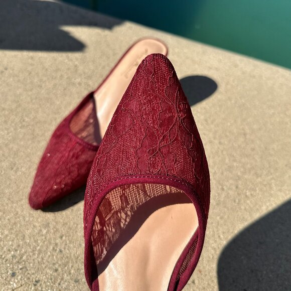 New Burgundy Wine Lace Mesh Pointed Toe Slide Mules Sandals Kitten Stiletto Heel - Picture 6 of 6
